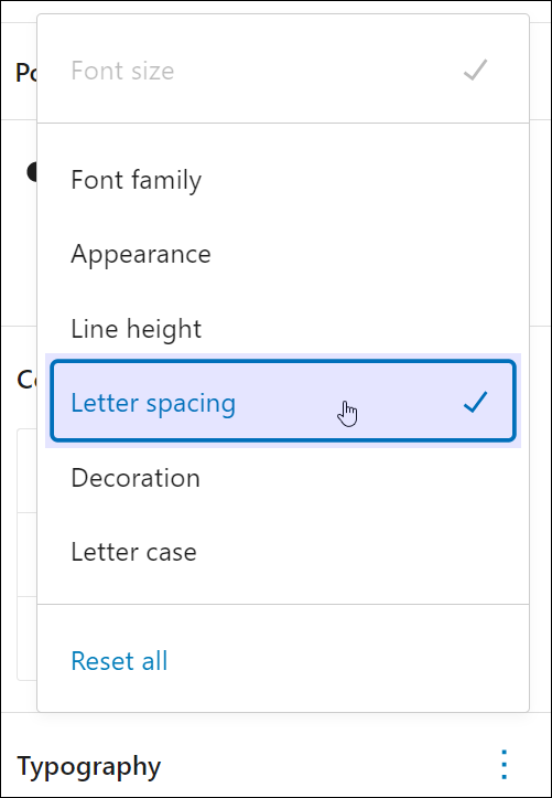 Block Settings: Typography - Typography options - Letter spacing