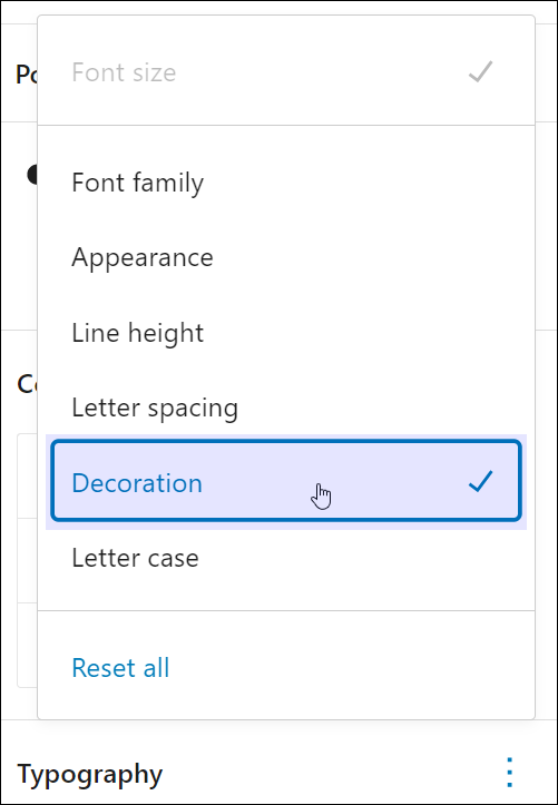 Block Settings: Typography - Typography options - Decoration