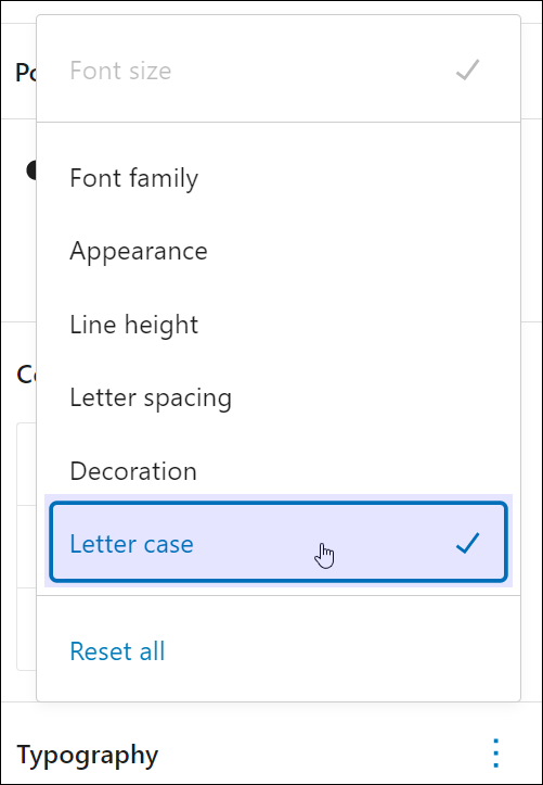 Block Settings: Typography - Typography options - Letter Case