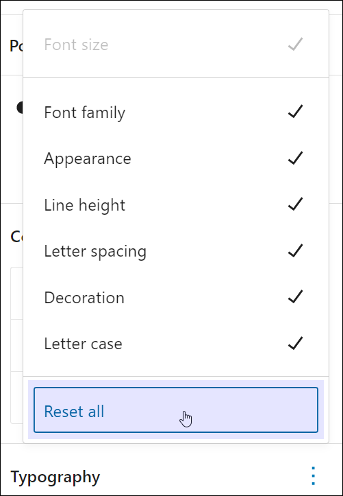 Typography options - Reset all menu.