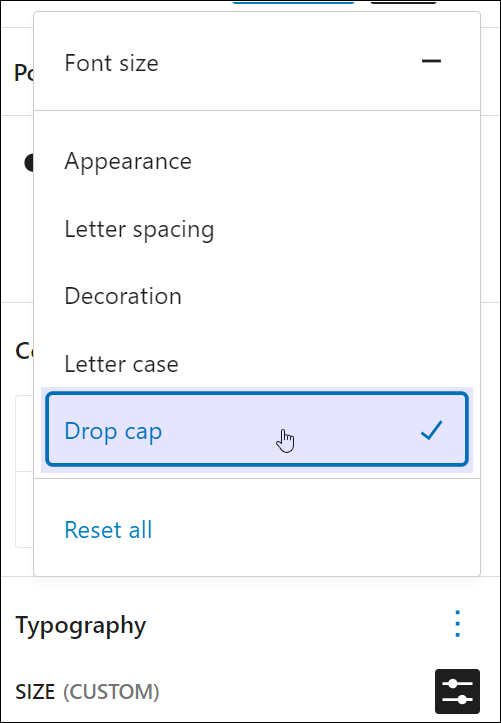 Block Settings: Typography - Typography options - Drop cap