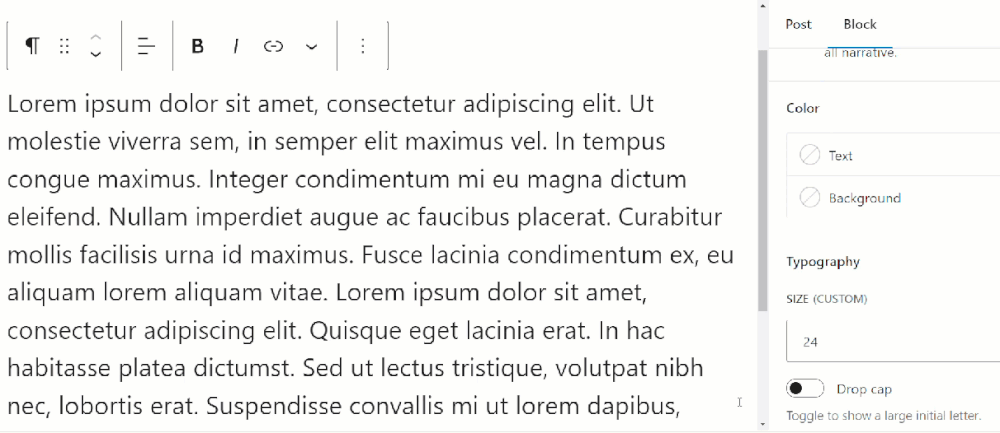 Block Settings: Typography - Typography options - Drop cap