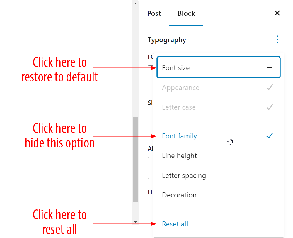 Typography options menu with settings enabled and disabled.