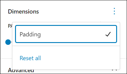 Block Settings: Dimensions - Dimensions options - Padding enabled.