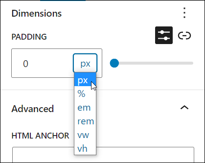 Block Settings: Dimensions - Padding value measurement units dropdown menu.