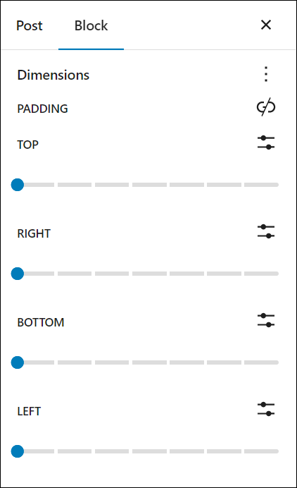 Block Settings: Dimensions - Padding option with unlinked sides.