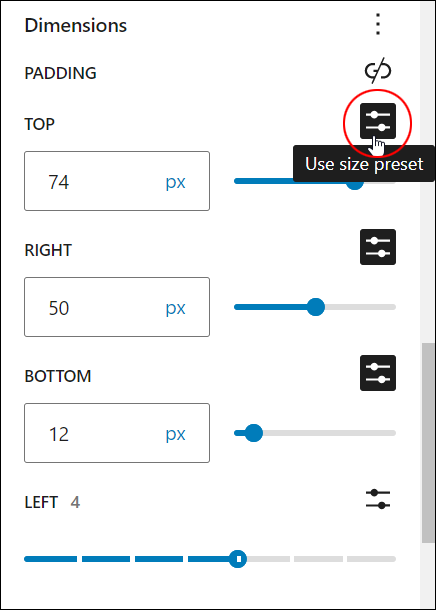 Block Settings: Dimensions - Padding: Use size preset.