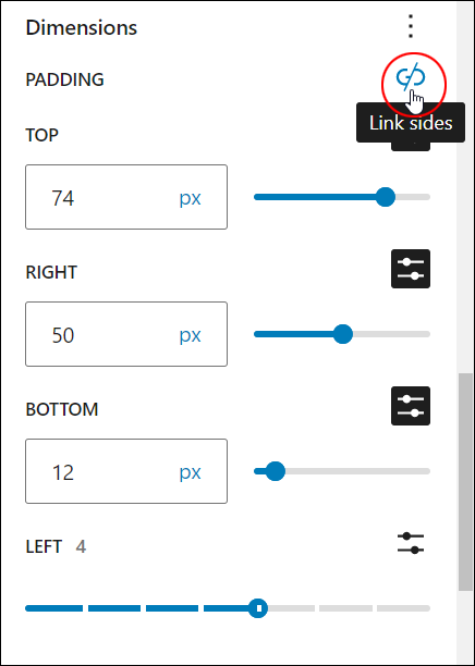 Block Settings: Dimensions - Padding: Link sides button.