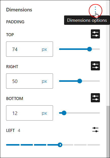 Block Settings: Dimensions - Dimensions options icon