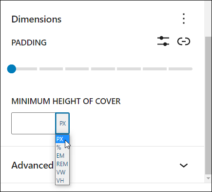 Block Settings: Dimensions - Minimum Height Of Cover measurement unit dropdown menu.