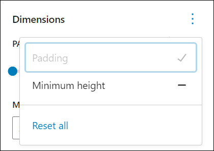 Block Settings: Dimensions - Dimensions options - Reset option to default values