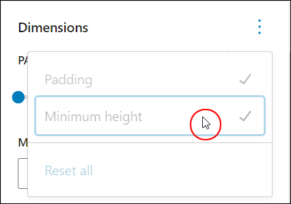 Block Settings: Dimensions - Dimensions options all reset