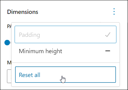 Block Settings: Dimensions - Dimensions option: Reset all button