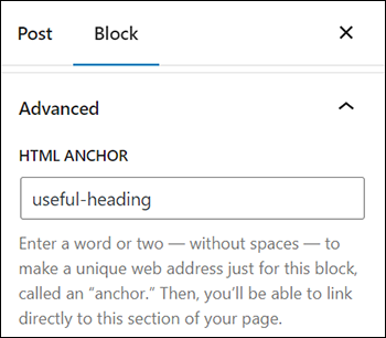 WordPress Block Editor - Block Settings: Advanced