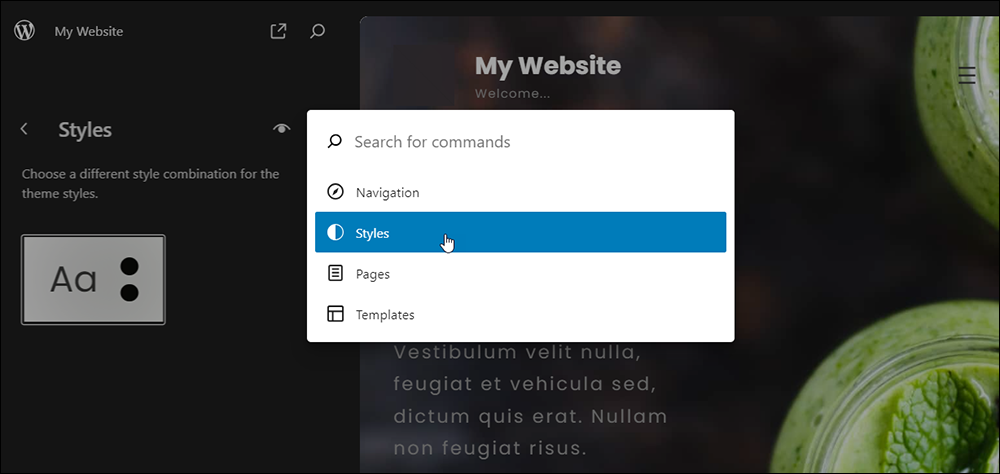 WordPress Site Editor - Command Palette - Styles menu option.