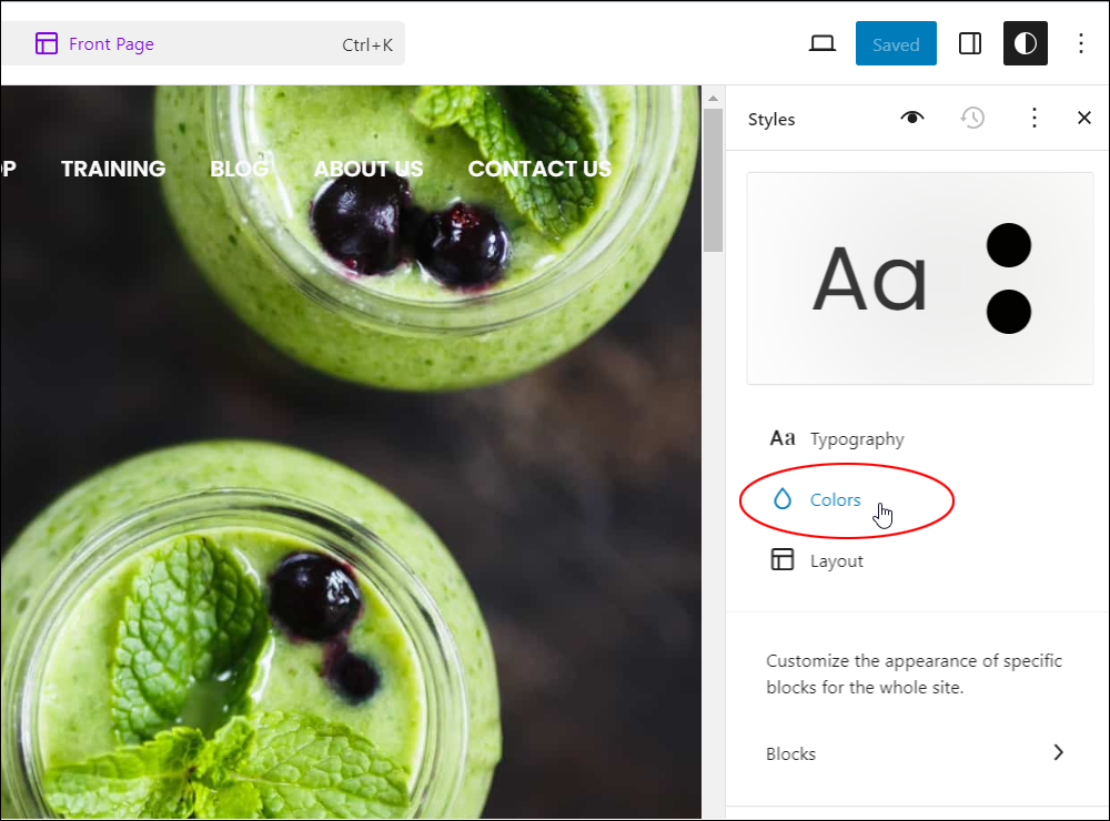 WordPress Site Editor - Styles > Colors