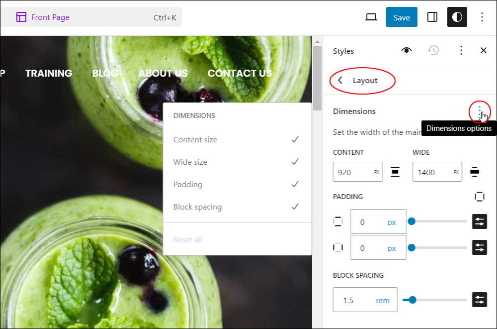 Styles - Layout - Dimension options