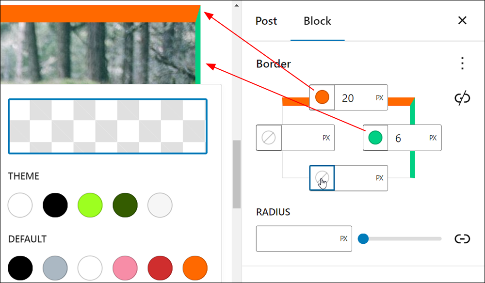 Block Settings: Border - Unlinking sides lets you specify different border colors and widths for your block.