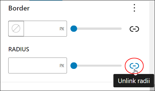 Block Settings: Border - Unlink radii button.