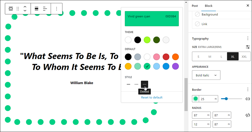 Block Settings: Border - Style option: dotted