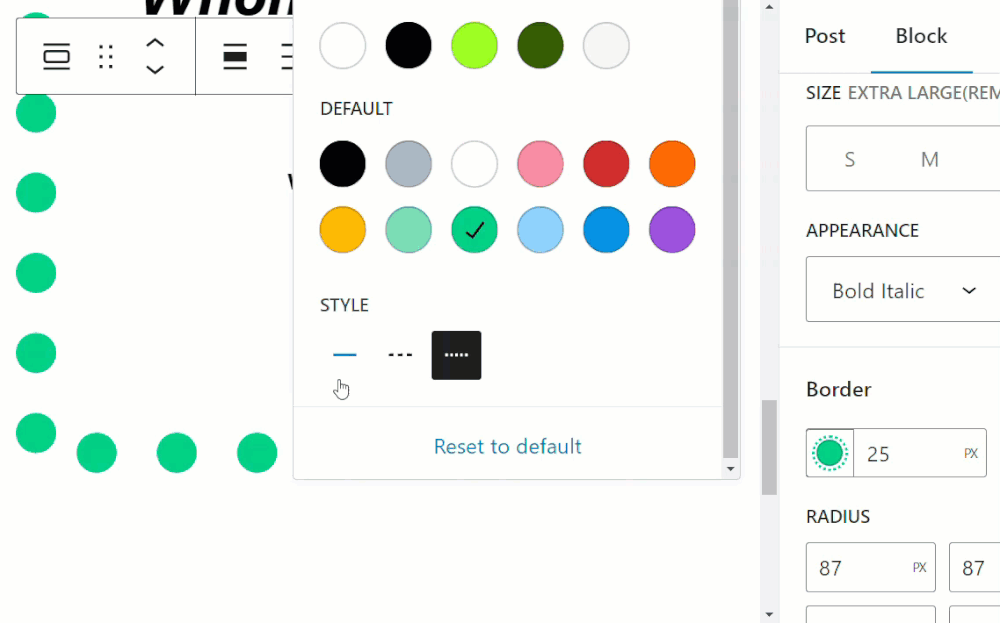 Block Settings: Border - Choosing and previewing different styles