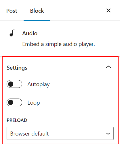 WordPress Block Editor - Block Settings: Audio