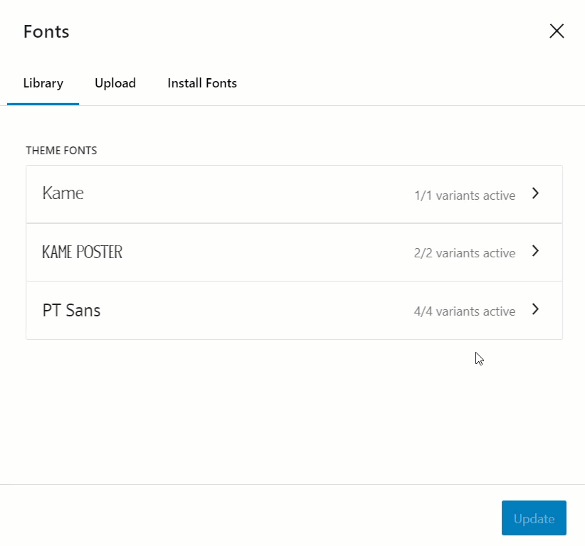 WordPress Font Library - Library tab showing variants for a font being deselected.