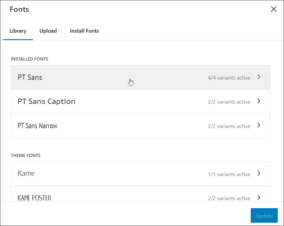 WordPress Font Library - Library tab showing list of installed fonts with a font selected by clicking on it.