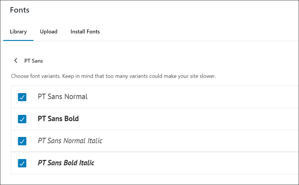 WordPress Font Library - list showing installed and active font variants.