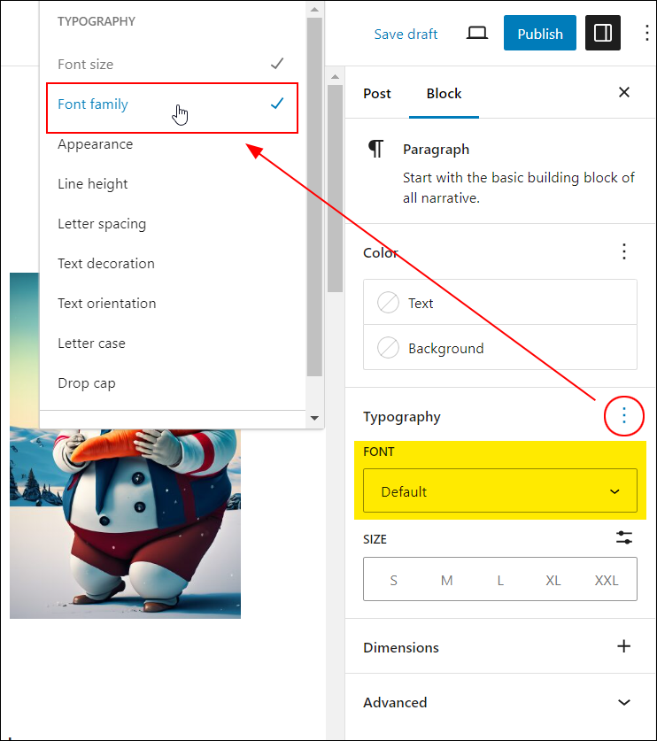 Block settings - Typography - Options menu with Font family selected.