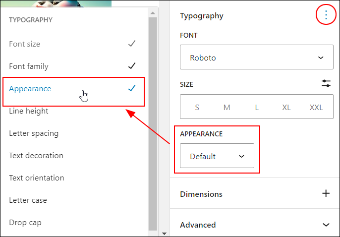 Block settings - Typography - Options menu with Appearance selected.