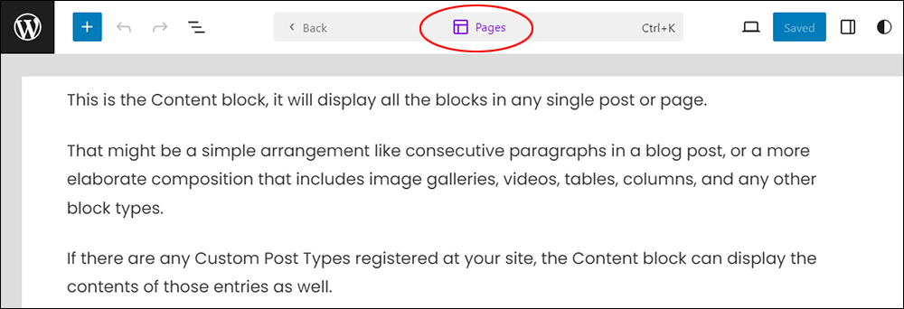 WordPress Site Editor - Command Palette - Pages template