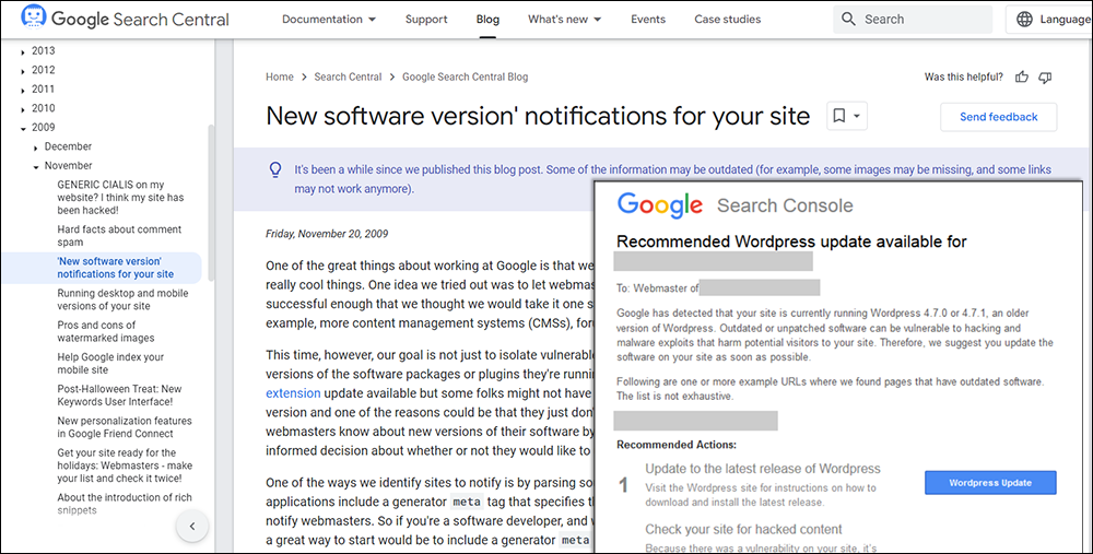 Google Search Central blog post - New software version notifications for your site.