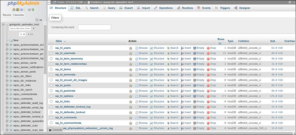 phpMyAdmin displaying WordPress database.