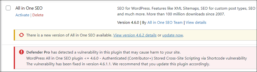 WordPress plugins with security issue warning