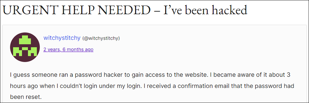 WordPress user forums - site hacked posting by WordPress user