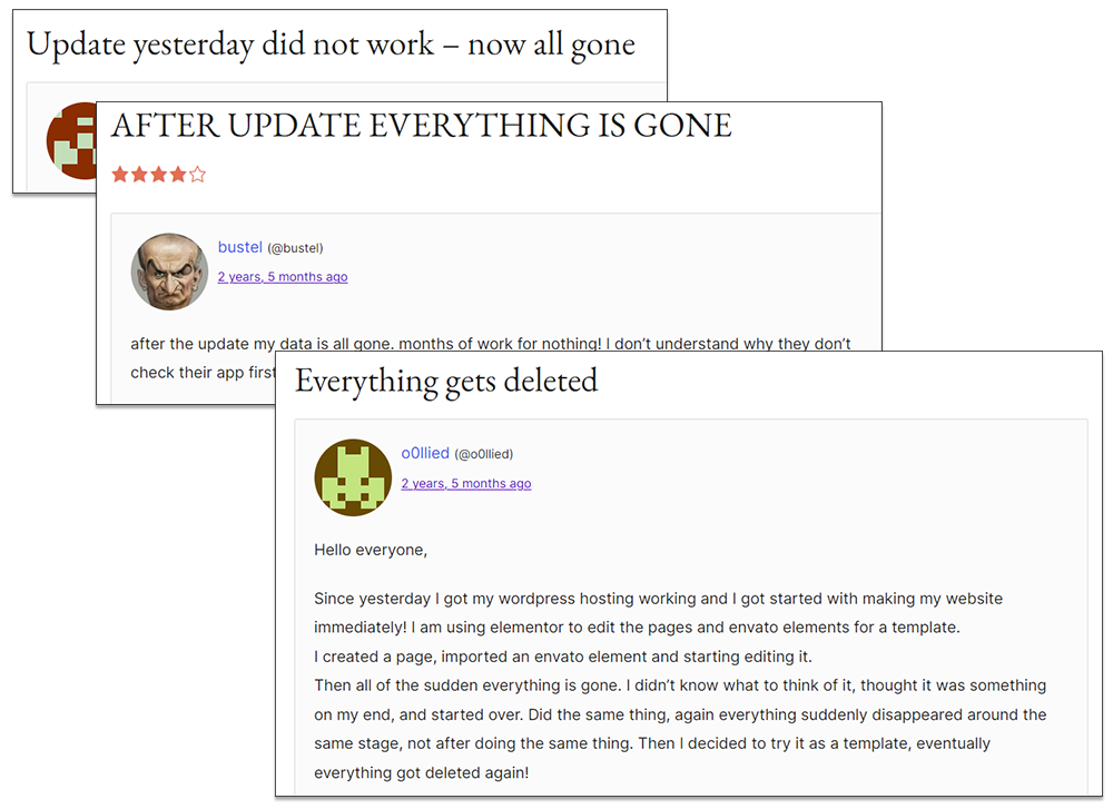 WordPress user forum posts about experiencing WordPress problems after updates.