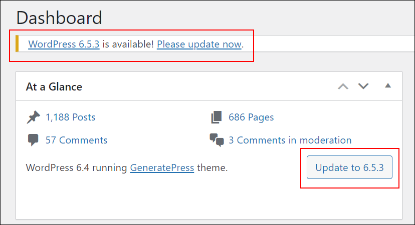 New WordPress version available message in WordPress dashboard.