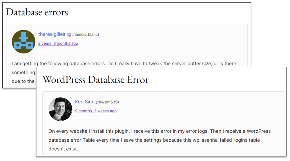 WordPress user forum posts about experiencing WordPress database errors.