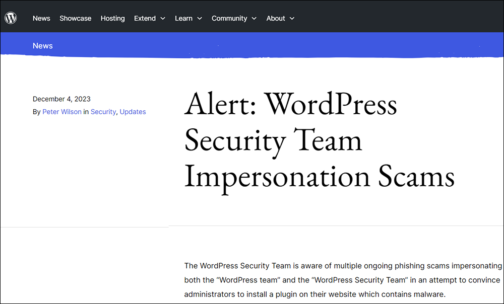 Alert: WordPress Security Team Impersonation Scams.