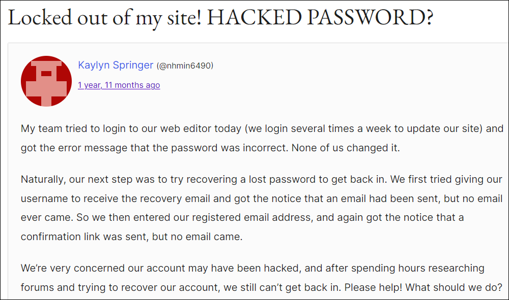 WordPress user forums - site hacked posting by WordPress user