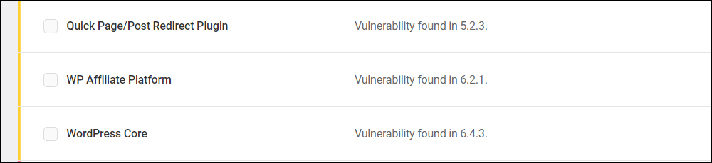 WordPress security scan results.