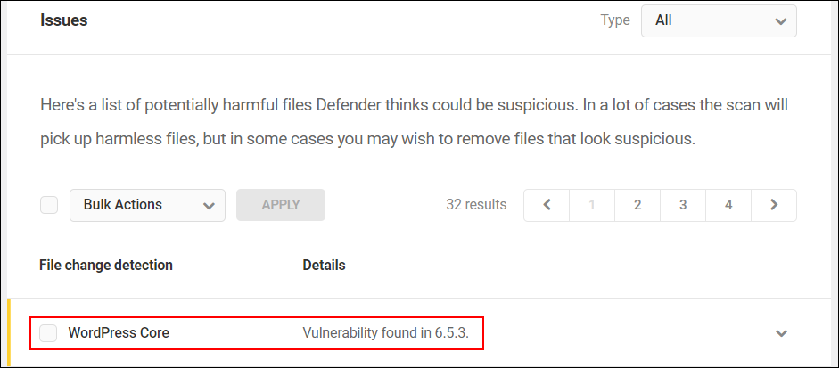 WordPress security scan results showing a vulnerability in the WordPress core software.