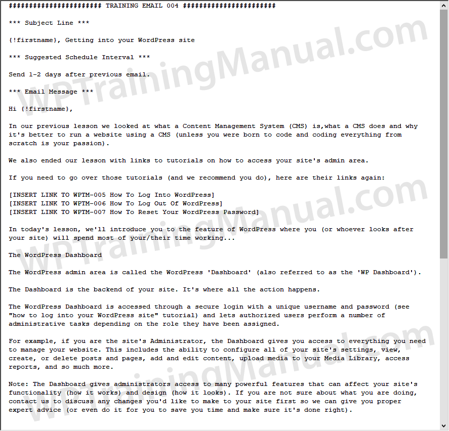 WordPress client training email.