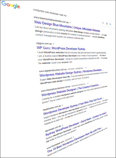 Google search results for WordPress web developer near me.