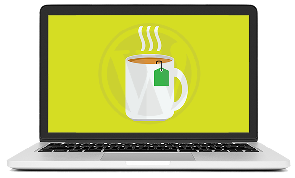 Laptop image with illustration of hot tea cup and WordPress logo.