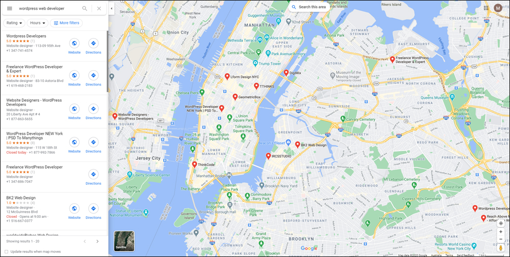 WordPress web developer near me - Google Maps search results