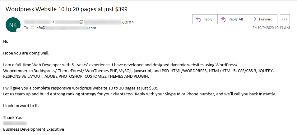 Unsolicited WordPress website services email.