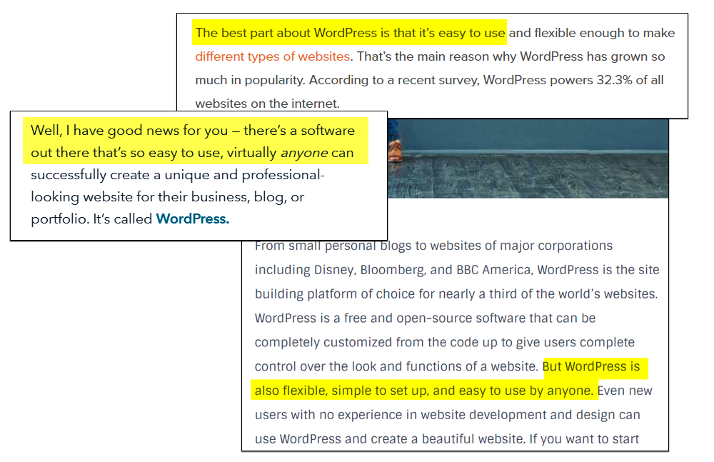 Composite of screenshots from various websites highlighting how WordPress is easy to use.