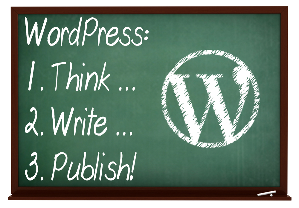 Illustration of blackboard with writing: WordPress: 1. Think, 2. Write, 3. Publish